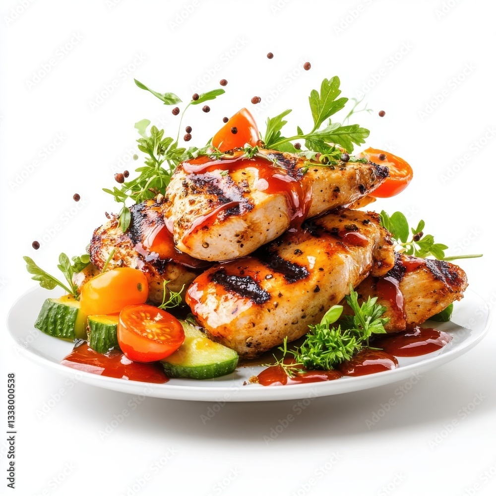 Grilled chicken splashing, tomato ketchup, isolate on white background. Png. Grilled chicken splashing, tomato ketchup, isolate on white background. Png.