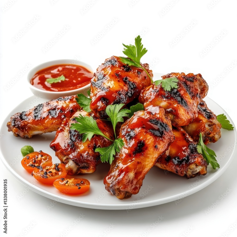 Grilled chicken wings splashing, tomato ketchup, isolate on white background. Png. Grilled chicken wings splashing, tomato ketchup, isolate on white background. Png.