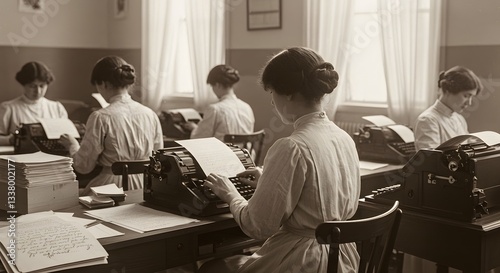 Vintage office scene women typing on typewriters historical workplace old era past retro 1920s 1910s