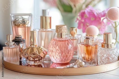 Elegant display of luxury perfume bottles with floral accents.