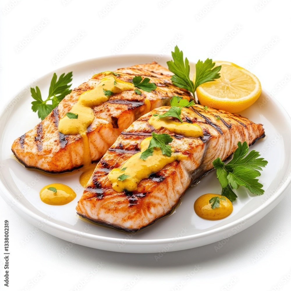 Grilled fish splashing, yellow mustard sauce, isolate on white background. Png. Grilled fish splashing, yellow mustard sauce, isolate on white background. Png.
