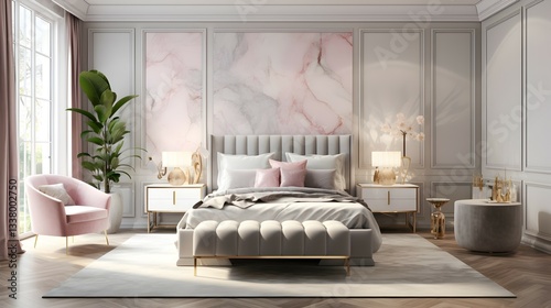 A serene blush pink bedroom sanctuary, exuding refined elegance with a luxurious tufted headboard and soft, marble-inspired wall art, bathed in gentle natural light.