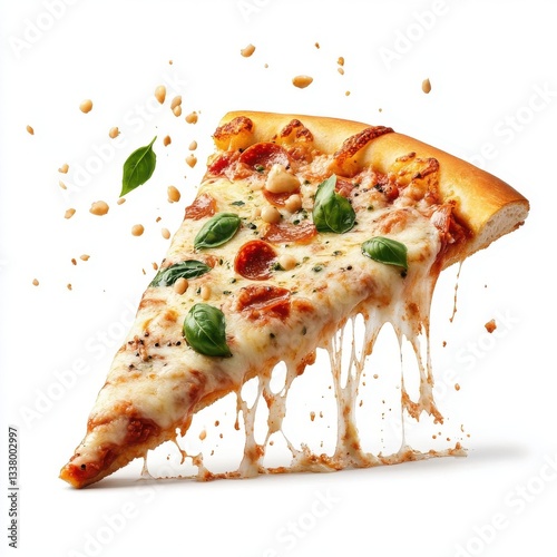 Pizza slice splashing, green chutney sauce, isolate on white background. Png.