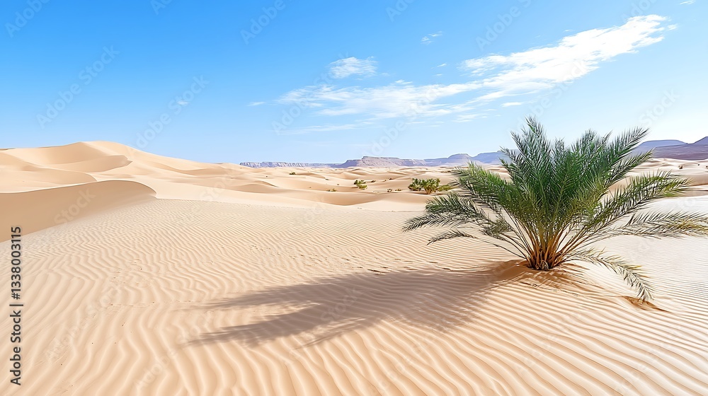 Serene Desert Landscape Palm Tree in Rippled Sand Dunes under a Clear Blue Sky Serene Desert Landscape Palm Tree in Rippled Sand Dunes under a Clear Blue Sky