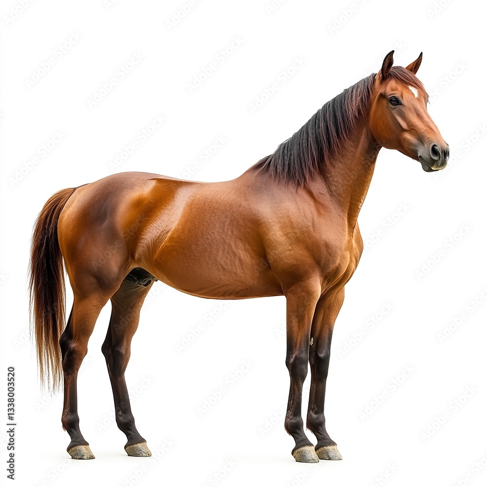 Obraz premium A majestic brown horse standing tall on a pure white background, its mane flowing, sharp focus, studio lighting, full-body shot, side profile. 