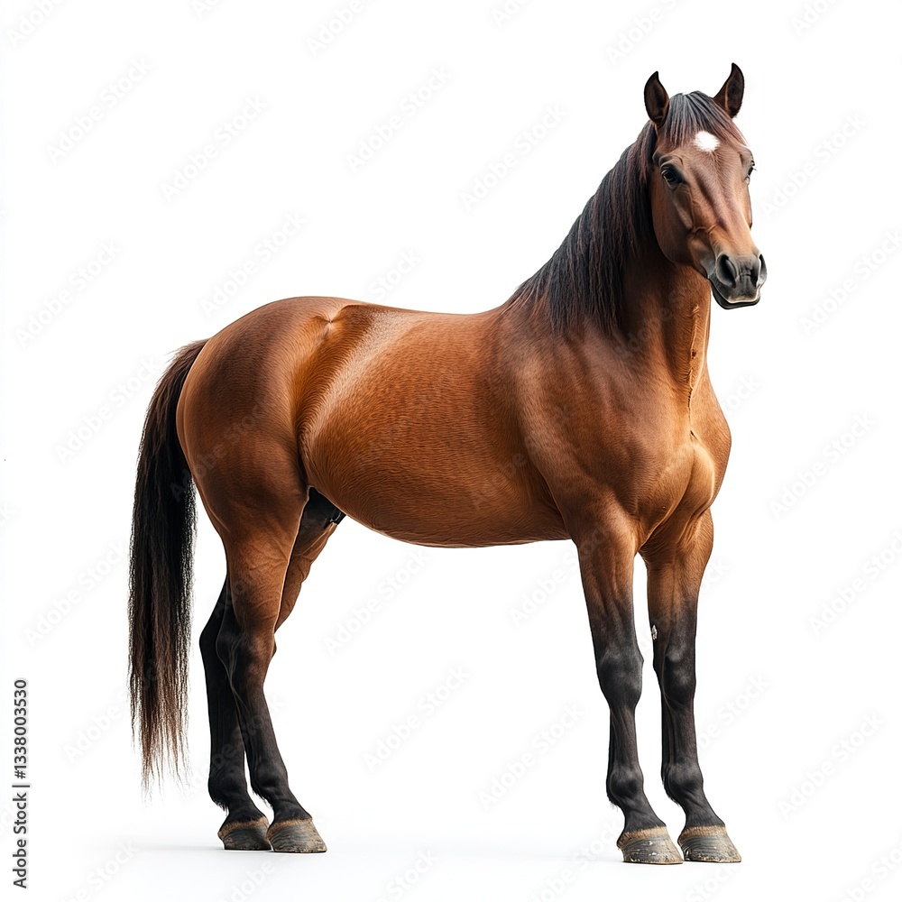 Obraz premium A majestic brown horse standing tall on a pure white background, its mane flowing, sharp focus, studio lighting, full-body shot, side profile. 