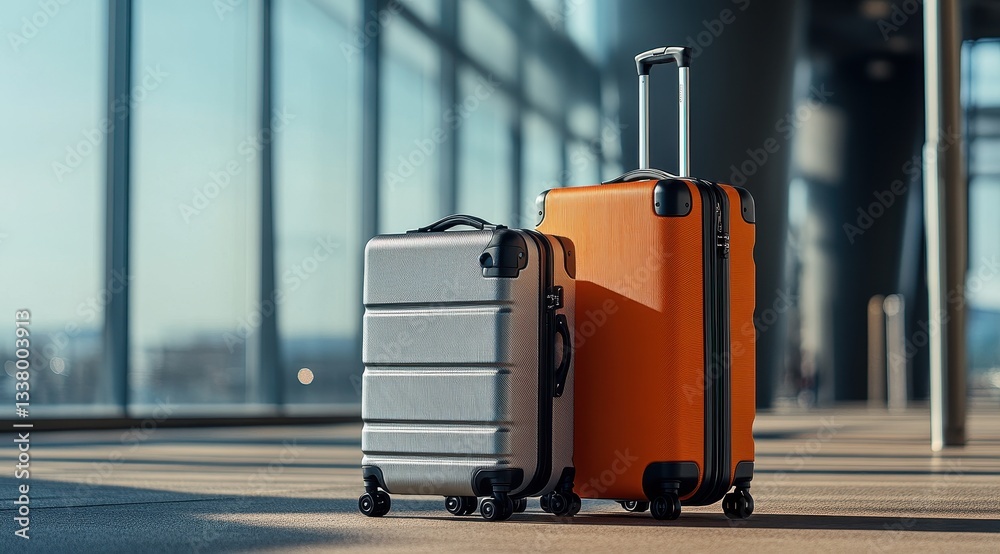 Two suitcases stand ready for travel in the airport terminal. Two suitcases stand ready for travel in the airport terminal.