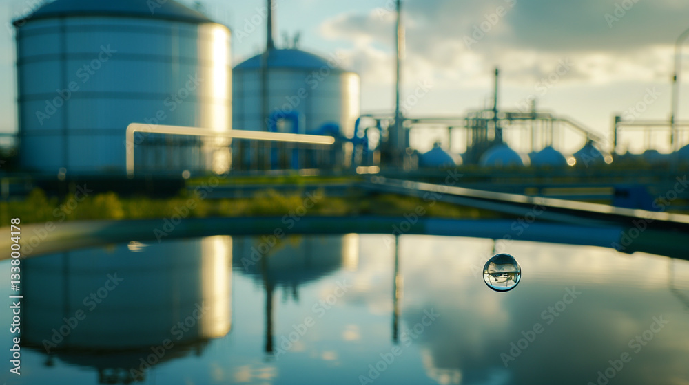 Obraz premium Close-up of water droplet falling from cooling tower, symbolizing Legionnaires' disease risk in industrial water systems, environmental health and safety concept.