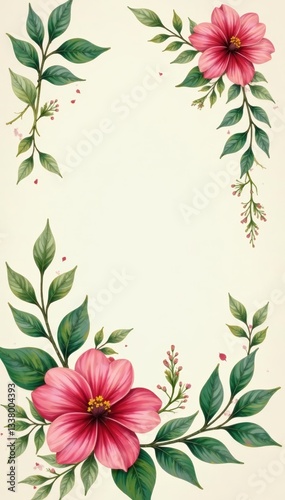 Elegant botanical wallpaper design featuring hand-painted flowers and green leaves, botanical, leaves, hand-painted