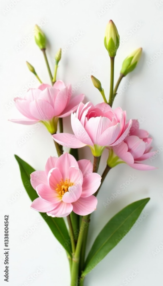 Obraz premium Elegant bouquet of pastel spring flowers in soft pinks and greens on a white background, spring, bouquet