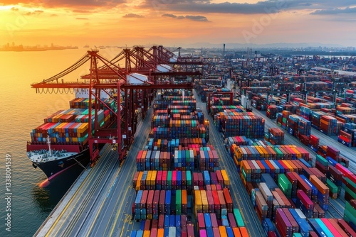 A vibrant aerial view of a busy cargo port at sunset, showcasing colorful shipping containers and cranes along the water.