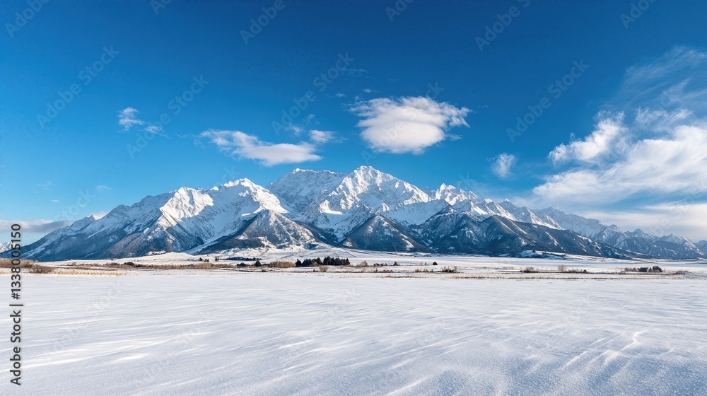 Obraz premium Winter Wonderland: Majestic snow-covered mountains under a vibrant blue sky, serene landscape, crystal-clear air, perfect for winter sports and peaceful escapes.