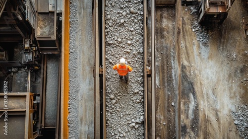 Worker Inspecting Crushed Rock on Conveyor Belt in Industrial Setting Overhead View