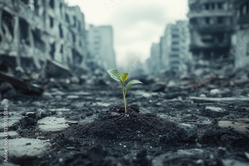 A lone green sprout emerges amid urban rubble, symbolizing hope and resilience. photo