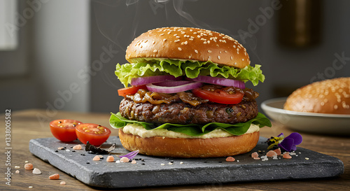 A high-end gourmet plant-based burger served on a rustic wooden table, featuring a thick mushroom and lentil patty, caramelized onions, vibrant fresh lettuce, heirloom tomatoes, and a dollop of truffl