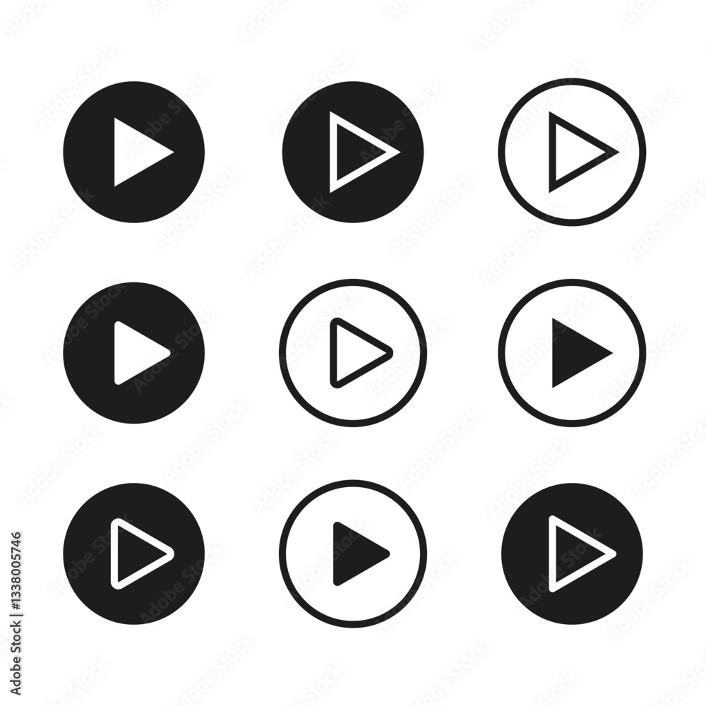 Play button icons. Minimal media symbols. Black circular variations. Vector video elements. Play button icons. Minimal media symbols. Black circular variations. Vector video elements.