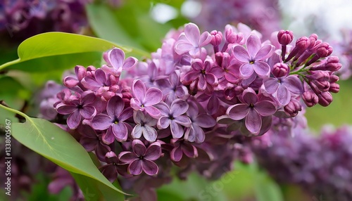 Close-up of vibrant lilac flowers in full bloom with delicate petals and lush green leaves. A beautiful floral background perfect for spring themes, nature concepts, and romantic designs.