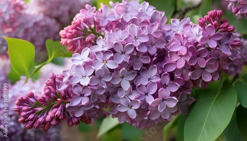 Close-up of vibrant lilac flowers in full bloom with delicate petals and lush green leaves. A beautiful floral background perfect for spring themes, nature concepts, and romantic designs.