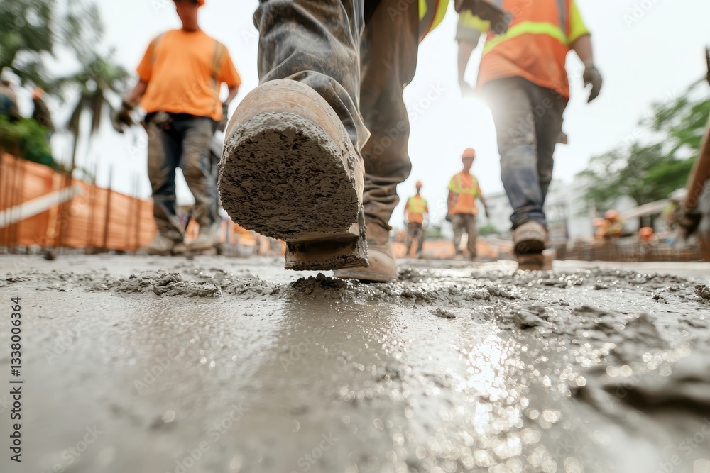 A construction worker walks on freshly poured concrete, surrounded by colleagues in safety gear, highlighting the labor involved in building projects. A construction worker walks on freshly poured concrete, surrounded by colleagues in safety gear, highlighting the labor involved in building projects.