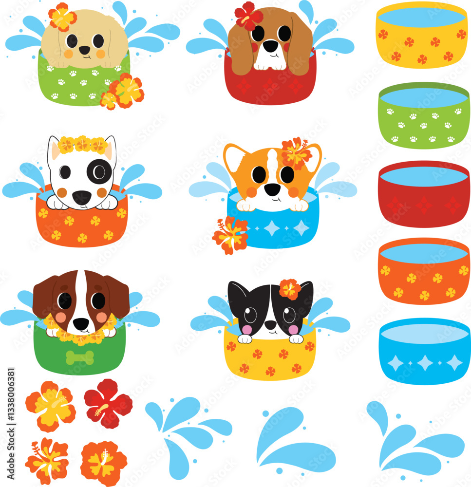 Obraz premium Songkran festival clip art, cute dog in water bowl, Thai New Year illustration, puppy water splash, adorable pet clip art, kawaii dog with flowers, tropical dog graphics, water festival dog