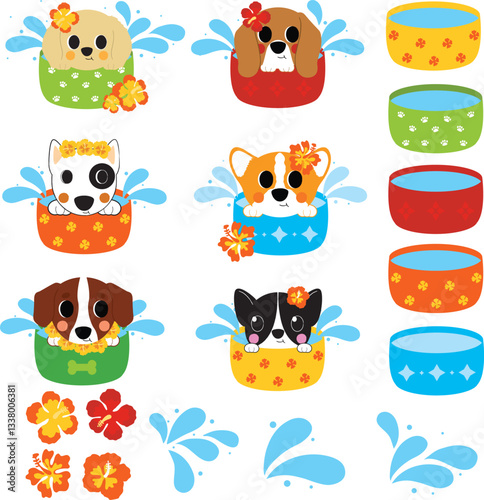 Songkran festival clip art, cute dog in water bowl, Thai New Year illustration, puppy water splash, adorable pet clip art, kawaii dog with flowers, tropical dog graphics, water festival dog