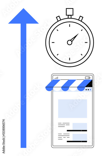 Stopwatch signifies speed, mobile storefront symbolizes digital business, upward arrow denotes growth. Ideal for business, time management, e-commerce, performance, productivity, strategy flat