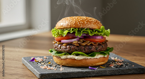 A high-end gourmet plant-based burger served on a rustic wooden table, featuring a thick mushroom and lentil patty, caramelized onions, vibrant fresh lettuce, heirloom tomatoes, and a dollop of truffl