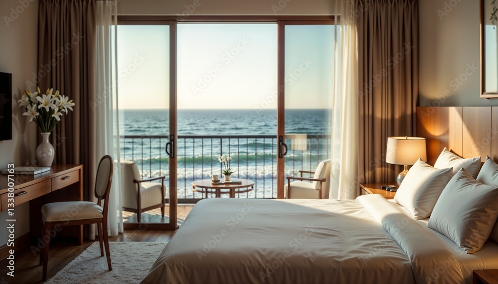 Elegant bedroom with oceanfront views and cozy bedding, creating a tranquil and inviting ambiance Elegant bedroom with oceanfront views and cozy bedding, creating a tranquil and inviting ambiance
