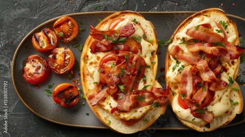 Savory kentucky hot brown sandwiches topped with ham, creamy mornay sauce, and crispy bacon