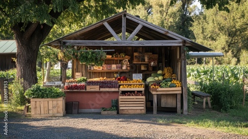 Picturesque farm stand overflowing with fresh local produce and farm goods