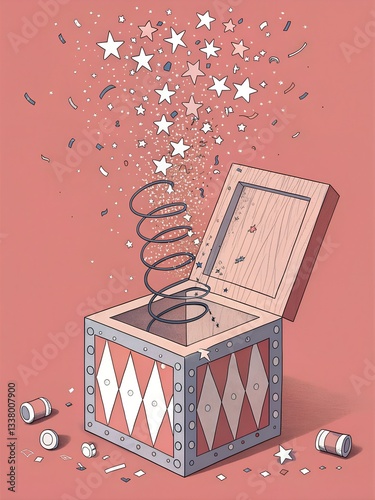 An illustrated jack-in-the-box with a diamond pattern pops open, releasing a spring with sparkling stars. The festive scene is set against a warm, vintage-style background, celebrating surprise
