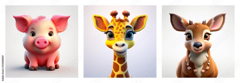 Naklejka premium Adorable cartoon animal set perfect for kids' learning and education. Features a pig, giraffe, and deer, ideal for childhood and animal recognition.