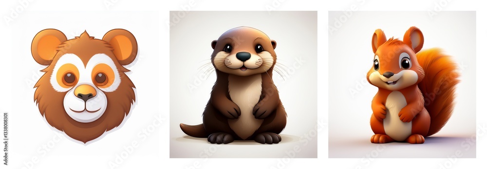 Obraz premium Adorable cartoon animals: bear, otter, and squirrel, perfect for kids education and childhood learning. Fun animal illustrations.