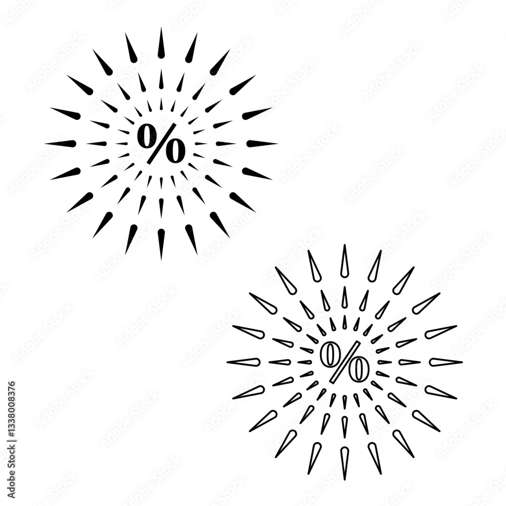 Obraz premium Percent sign icons. Black vector symbols. Starburst line shapes. White background design.