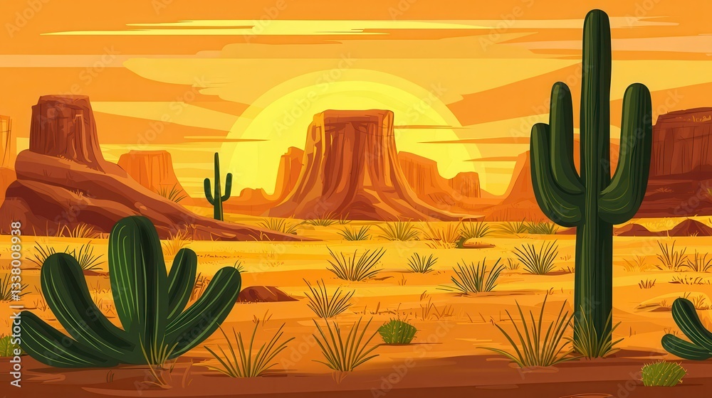 Sunset Desert Landscape with Cacti and Mountains Sunset Desert Landscape with Cacti and Mountains