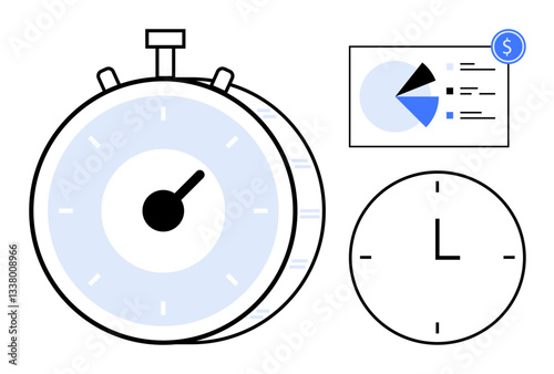 Stopwatch with hand, clock face, and financial chart with pie graph and dollar icon. Ideal for productivity, efficiency, project planning, time monitoring, budgeting, financial management business