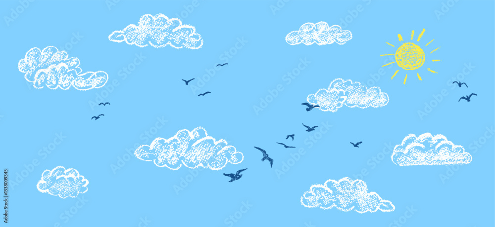 Cute cloudy sky with yellow sun and silhouette of a flock of birds. Abstract navi background, element of kindergarten bedroom decoration. Vector illustration like kid drawing by colorful wax pencils.