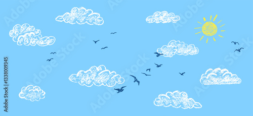 Cute cloudy sky with yellow sun and silhouette of a flock of birds. Abstract navi background, element of kindergarten bedroom decoration. Vector illustration like kid drawing by colorful wax pencils.