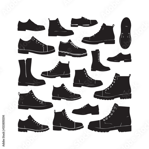A vector illustration of black silhouettes of various shoe styles arranged in two horizontal rows against a white background.