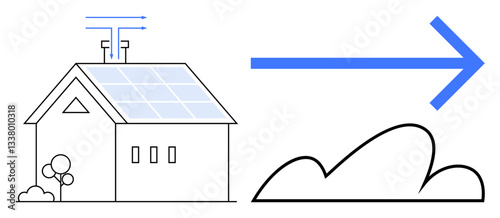 House with solar panels transmitting energy and a large arrow pointing to a cloud. Ideal for sustainability, renewable energy, smart homes, energy storage, digital transformation, technology, flat