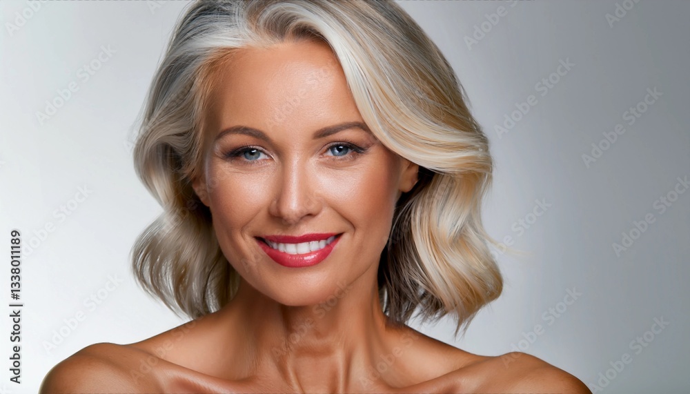 Fototapeta premium Elegant middle-aged woman with silver-blonde hair and radiant skin smiling confidently. A beauty and wellness concept, perfect for skincare, aging gracefully, and self-care themes.