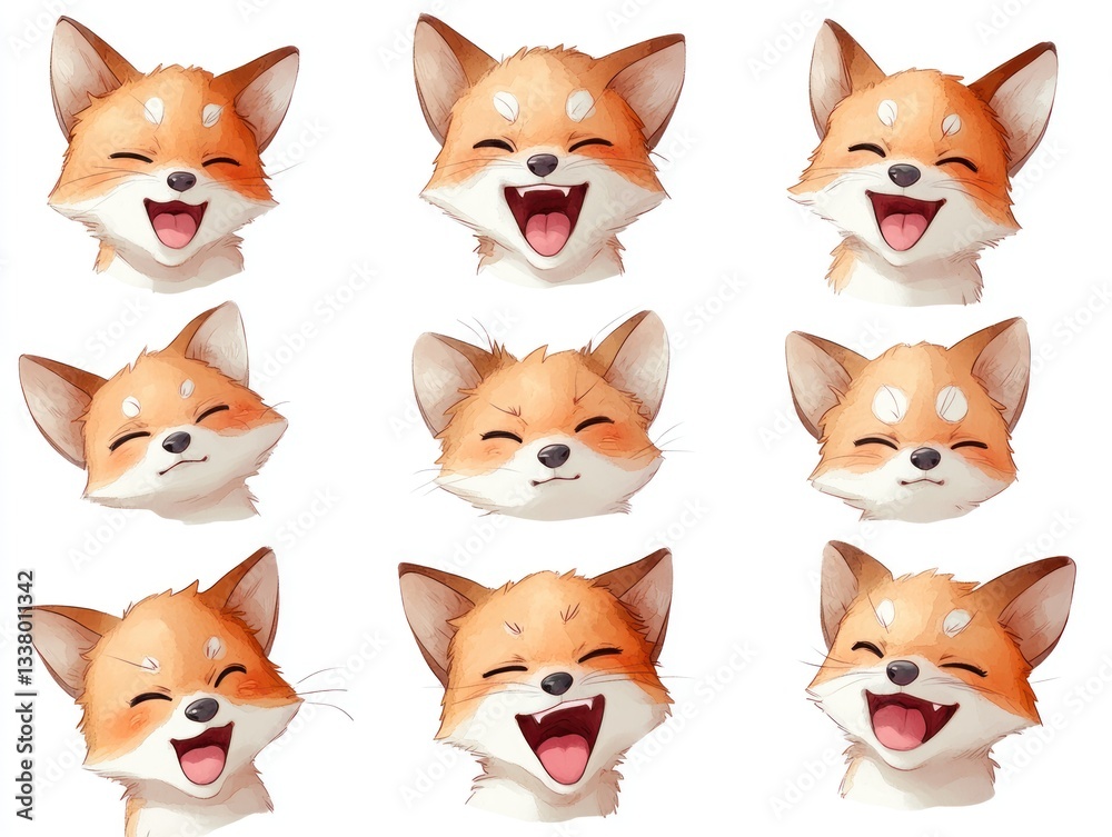 Cute cartoon fox faces showing various emotions