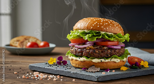 A high-end gourmet plant-based burger served on a rustic wooden table, featuring a thick mushroom and lentil patty, caramelized onions, vibrant fresh lettuce, heirloom tomatoes, and a dollop of truffl