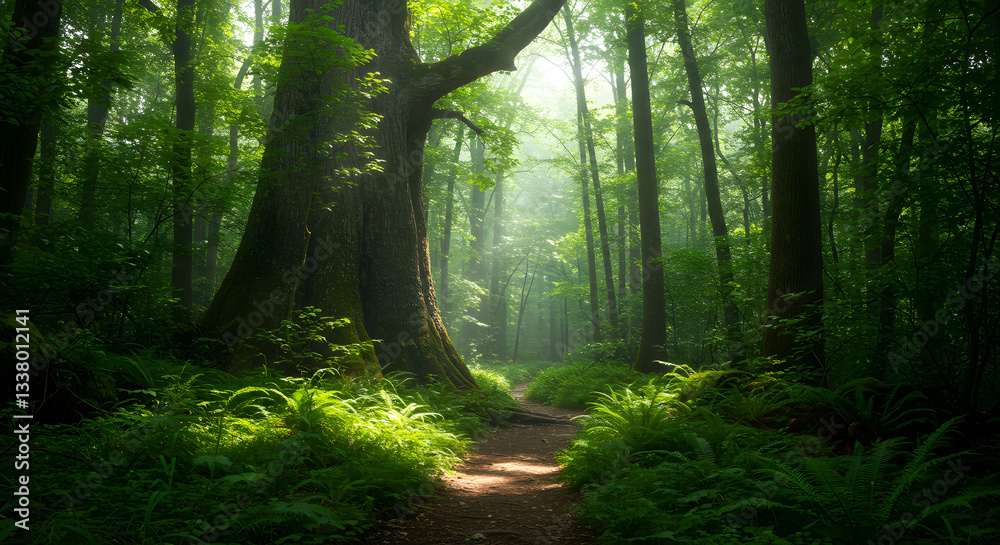 Obraz premium Walking Trail Through Lush Green Forest with Sunlight and Tall Trees