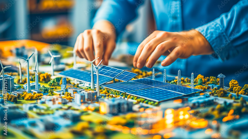 An engineer assembling a model of an intelligent clean energy network, including mini-solar panels and turbines. An engineer assembling a model of an intelligent clean energy network, including mini-solar panels and turbines.