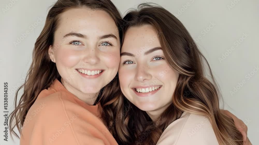Two sisters are twins, smile warmly, hugging each other in the room, put on a simple, neutral background. Two sisters are twins, smile warmly, hugging each other in the room, put on a simple, neutral background.