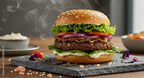 A high-end gourmet plant-based burger served on a rustic wooden table, featuring a thick mushroom and lentil patty, caramelized onions, vibrant fresh lettuce, heirloom tomatoes, and a dollop of truffl
