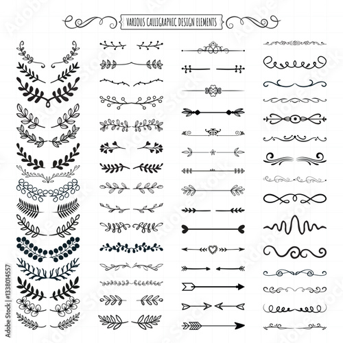 Floral and Leaf Ornament Dividers Hand-Drawn Vine Decorations Elegant Floral Borders Intricate Leaf Ornaments Ink Flourishes Arrow Embellishments Victorian Style Doodles Decorative Sketched Vector Set