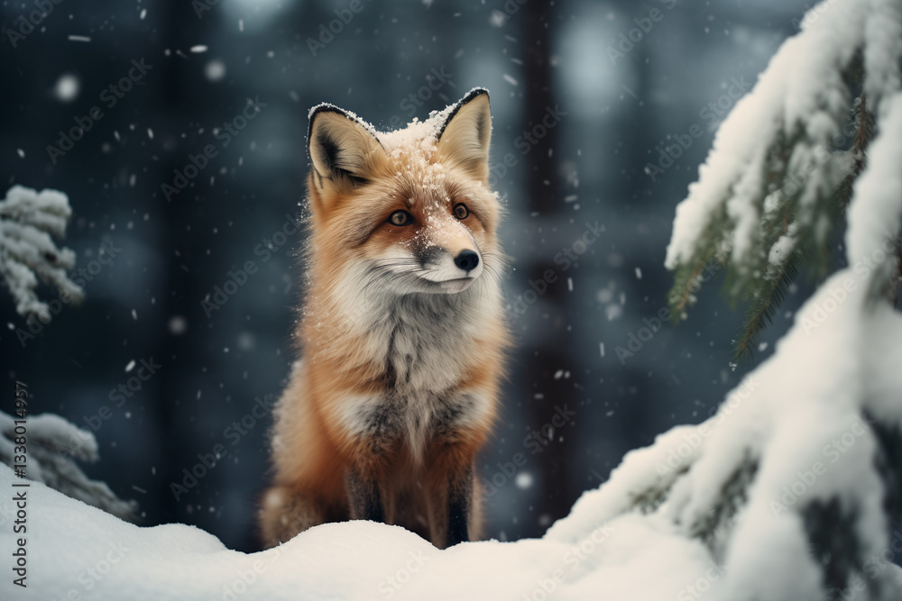 Fototapeta premium A curious fox in a snowy forest