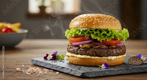 A high-end gourmet plant-based burger served on a rustic wooden table, featuring a thick mushroom and lentil patty, caramelized onions, vibrant fresh lettuce, heirloom tomatoes, and a dollop of truffl